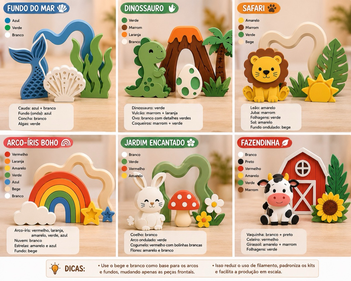 Linhas temáticas Magic Layer: Fundo do Mar, Dinossauro, Safari, Arco-íris Boho, Jardim Encantado e Fazendinha